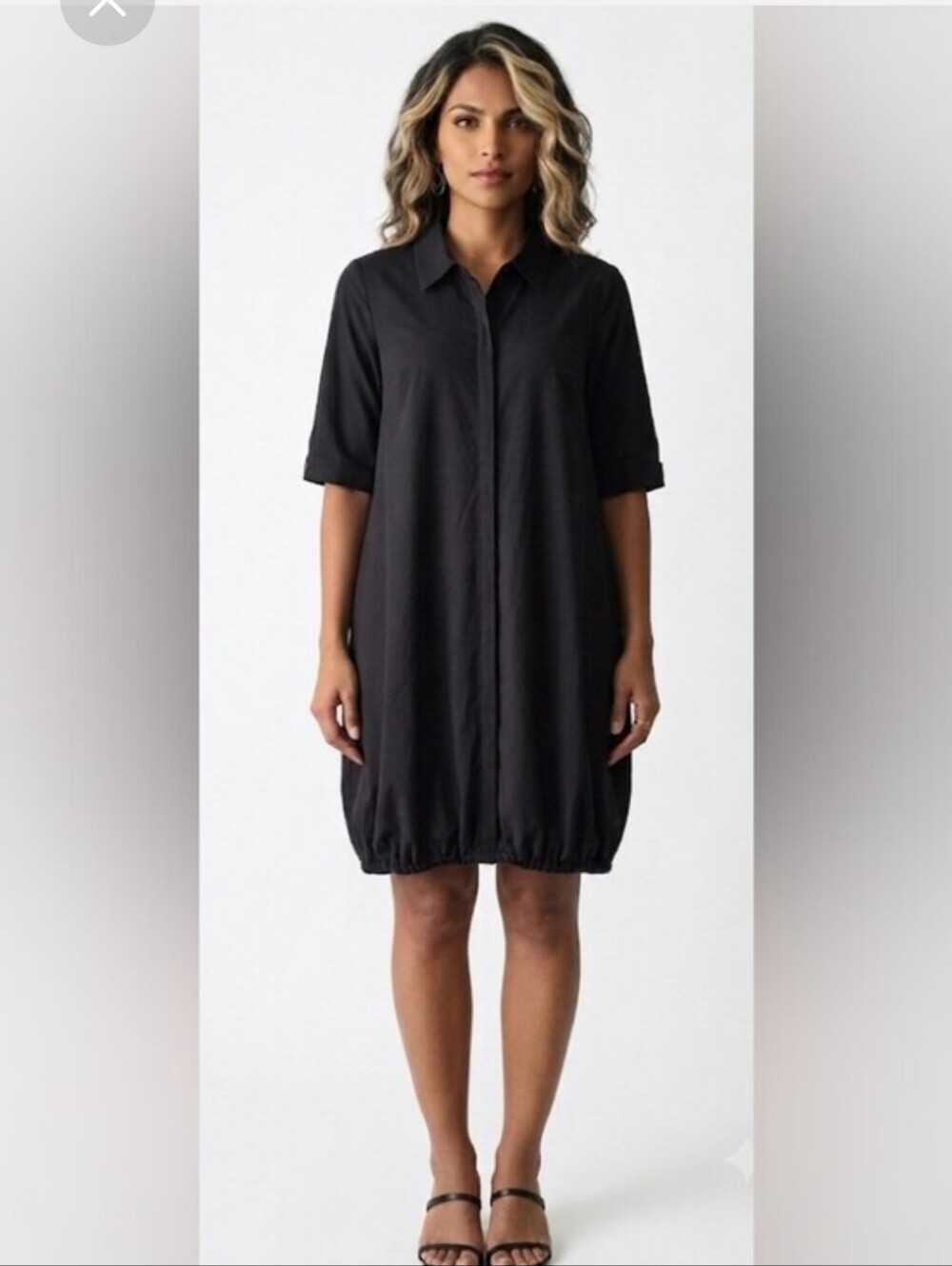 Chico's Black Short-Sleeve Shirt Dress Gathered Elastic Band Hem
